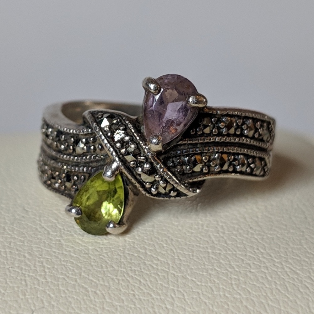Amethyst and Peridot Silver Ring, Marcasite inlay